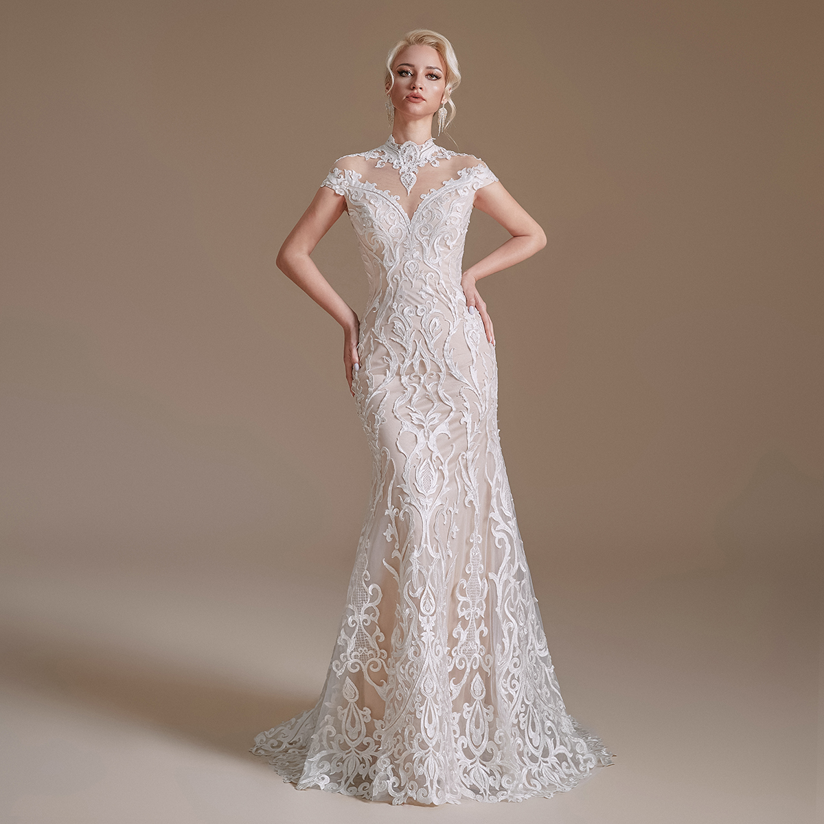 Vintage High Neck Lace Mermaid Wedding Dresses Sheer Cap Sleeves Beaded Illusion Backless Sweep Train Bridal Gowns vestidos de novia Wedding Dress CPS