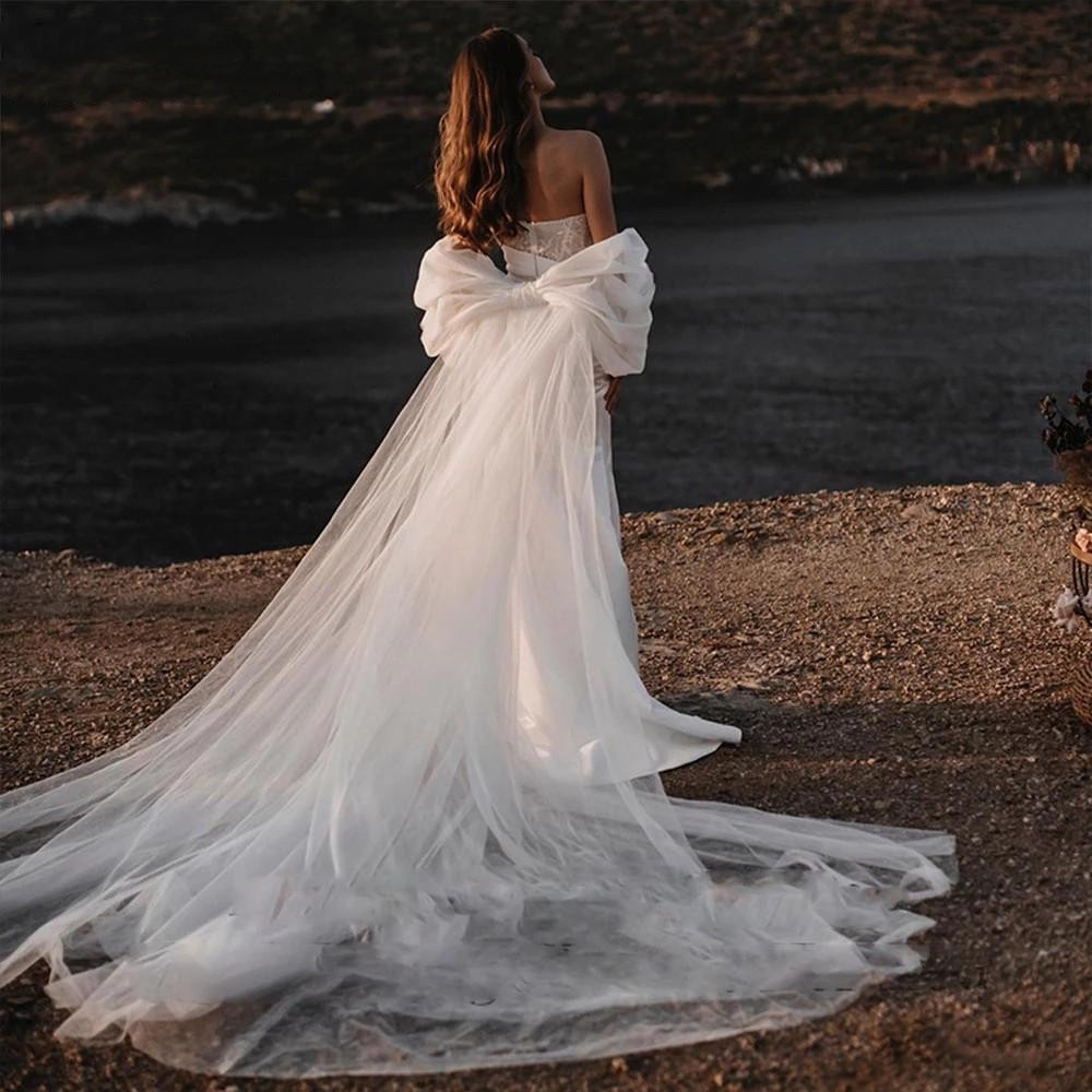 Elegant Sweetheart Mermaid Wedding Dresses Long Sleeves Tulle Cape Satin Bow Tie Appliqued Backless Strapless or Length Shawl Custom Made Vestidos De 