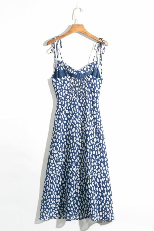 French Style Blue White Dot Print Adjust Spaghetti Strap Dress Retro Sexy Women Sling Slit Dresses Vestido 220511
