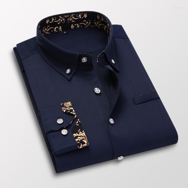 Men's Dress Shirts Fashion For Men Autumn Long Sleeve Print Patchwork White Formal Tops Clothing Male Black Business Slim Fit MY633Men's Ver