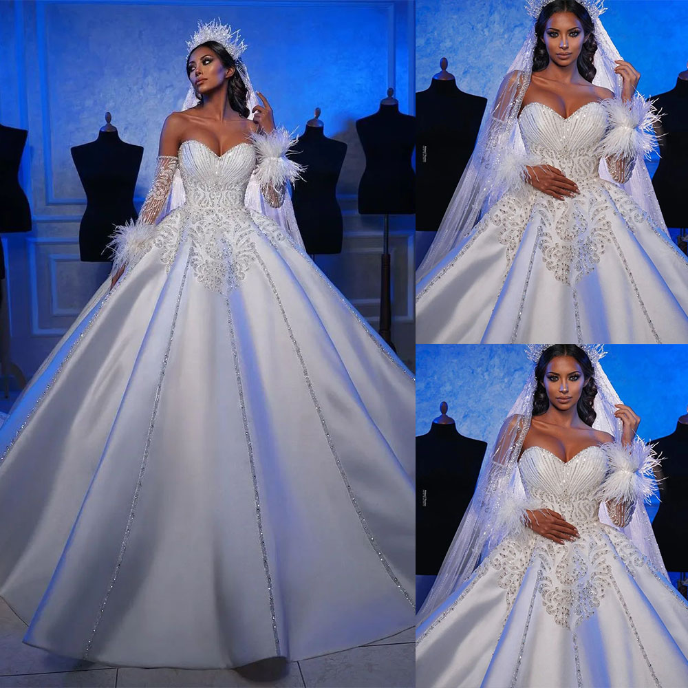 Saudi Arabia Wedding Dress Feather Removable Long Sleeve Beadings Vestido Casamento Appliques Satin Bridal Gowns