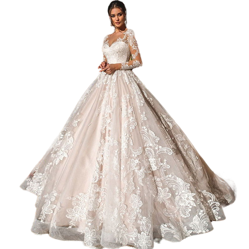 Luxury Lace Ball Gown Wedding Dress Long Sleeve Bridal Gowns Robe De Mariee Illusion Back Trouwjurk O-Neck Gorgeous Tulle Bride Dresses Sukienka Na We