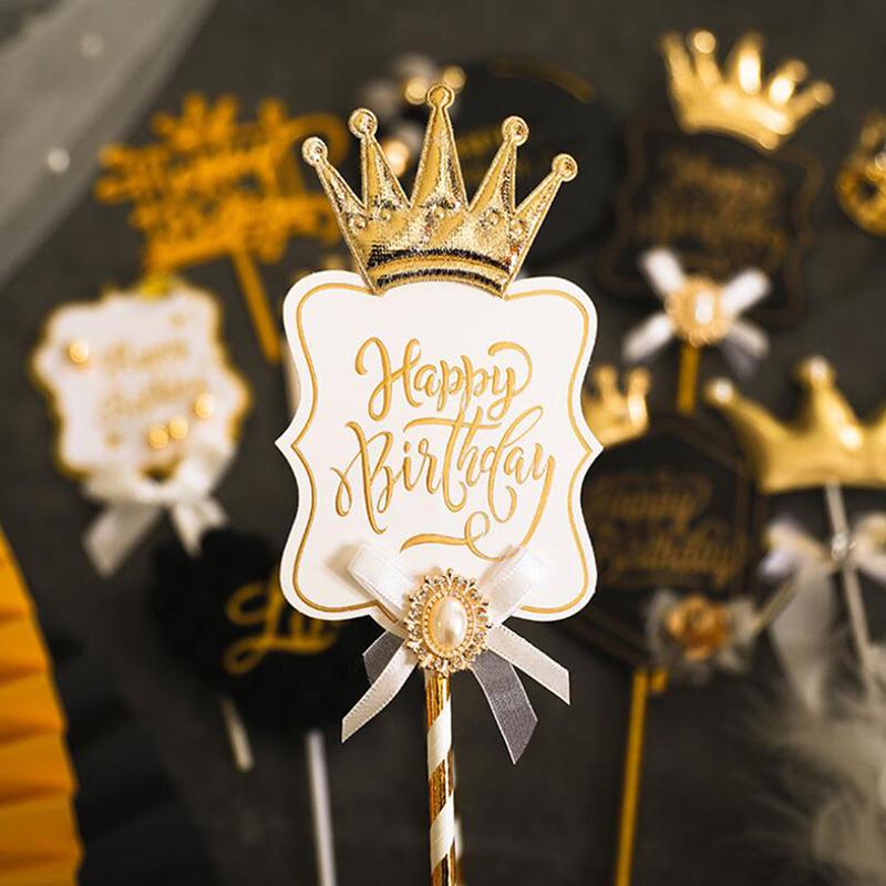 Festive Supplies Other & Party Princess Heart Crown Happy Birthday Cake Decor Wholesale 10Pieces Baking Cake Insertion Card Dessert Table Decoration