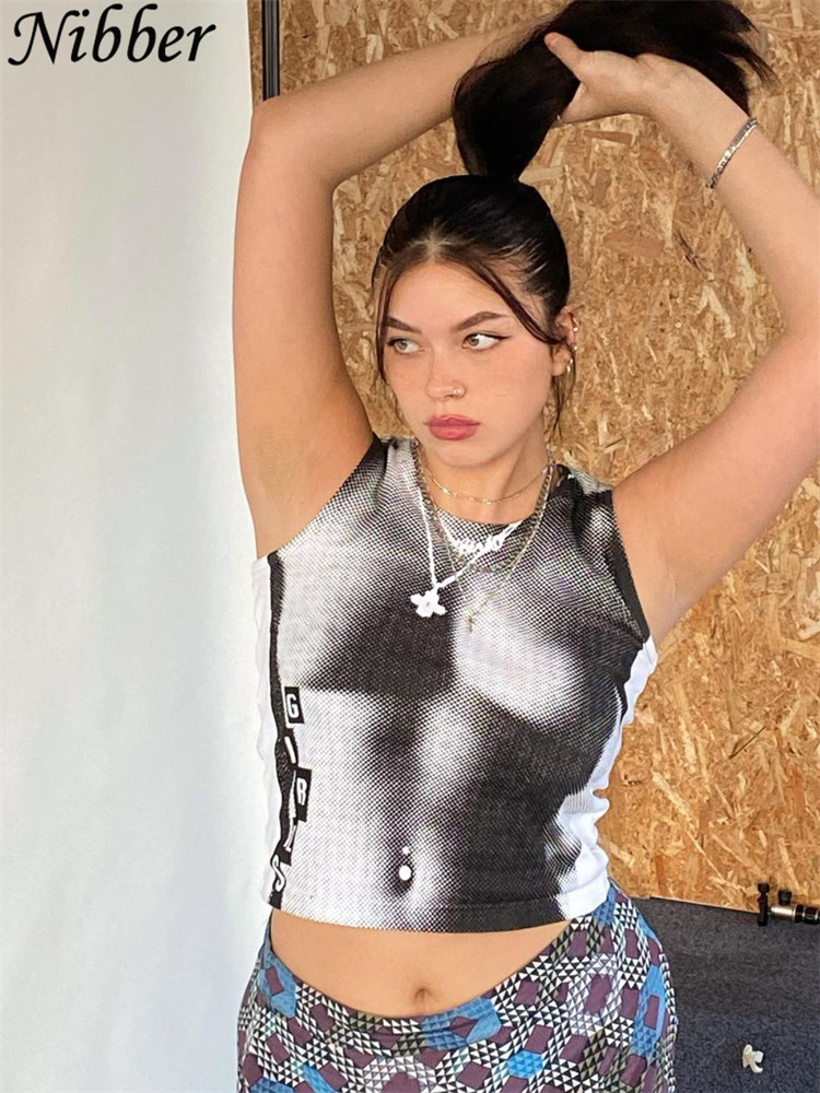 Nibber Y2K Fashion Retro 3D Pixel Body Art Printed Tank Top Round Neck Personalized Top For Street Cool Girls Women Out Clubwear 220607