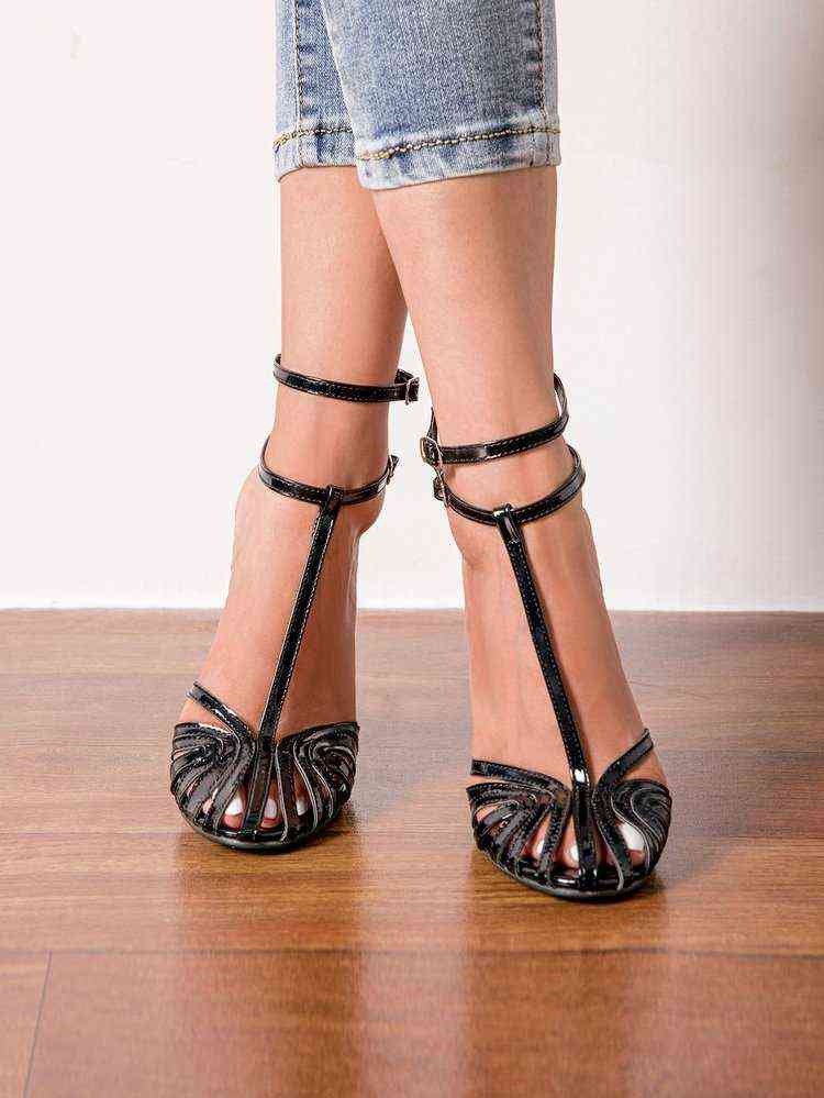 Black Patent Stilettos High Heels Women Sandals Round Toe Ankle Strap Large Size Ladies Summer Fashion Mature Shoes G220425