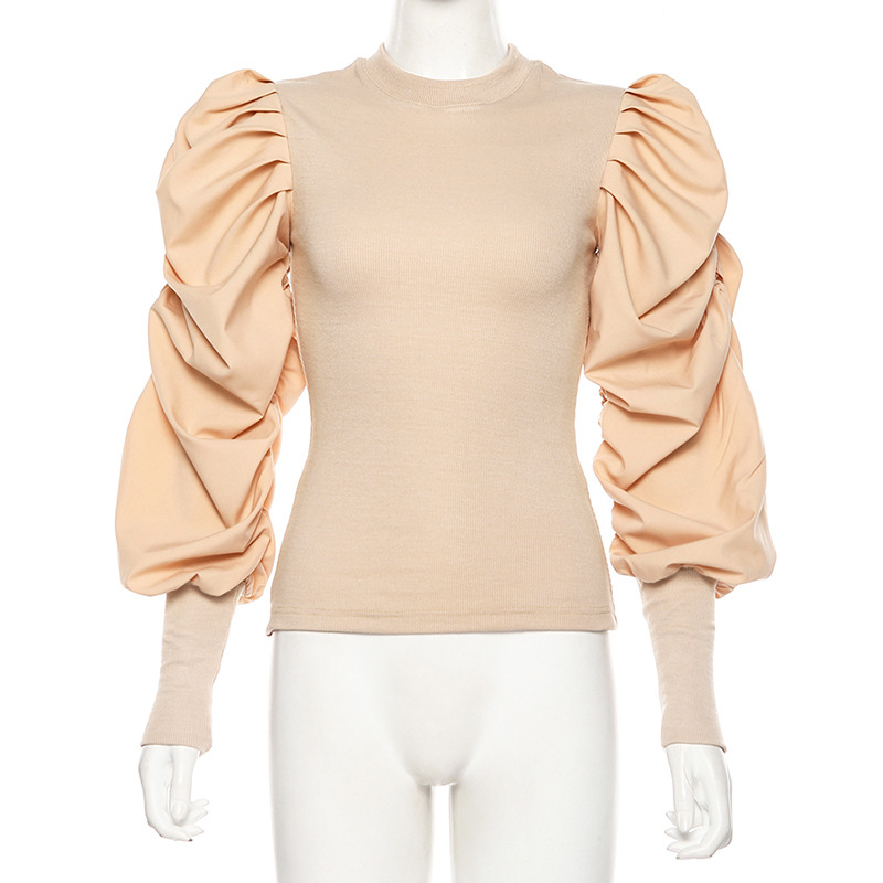 CNYISHE Fashion Long Puff Sleeve T-shirt Women Elegant Office Lady Top Regular Patchwork Sexy Slim Streetwear Shirt 220321