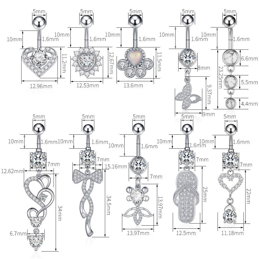2022 Belly Button Ring Diamond Butterfly Dangle Navel Barbell Stud for Women Surgical Titanium Stainless Steel Rose Gold Cubic Zirconia Piercing Bling