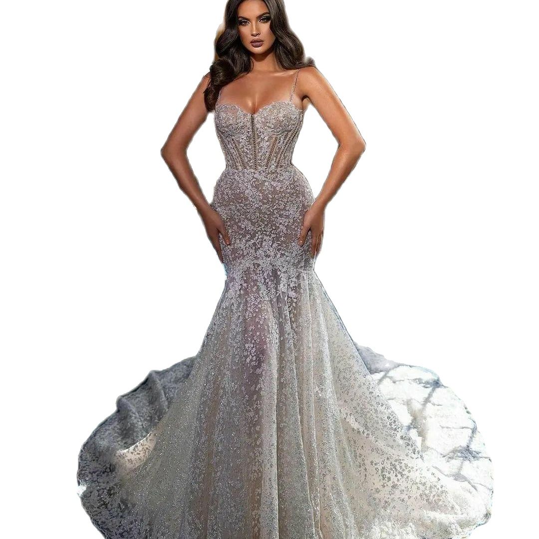 Sexy See Through Wedding Dress Ivory Spaghetti Straps Lace Floral Appliques Arabic Mermaid Wedding Bridal Gowns Plus Size