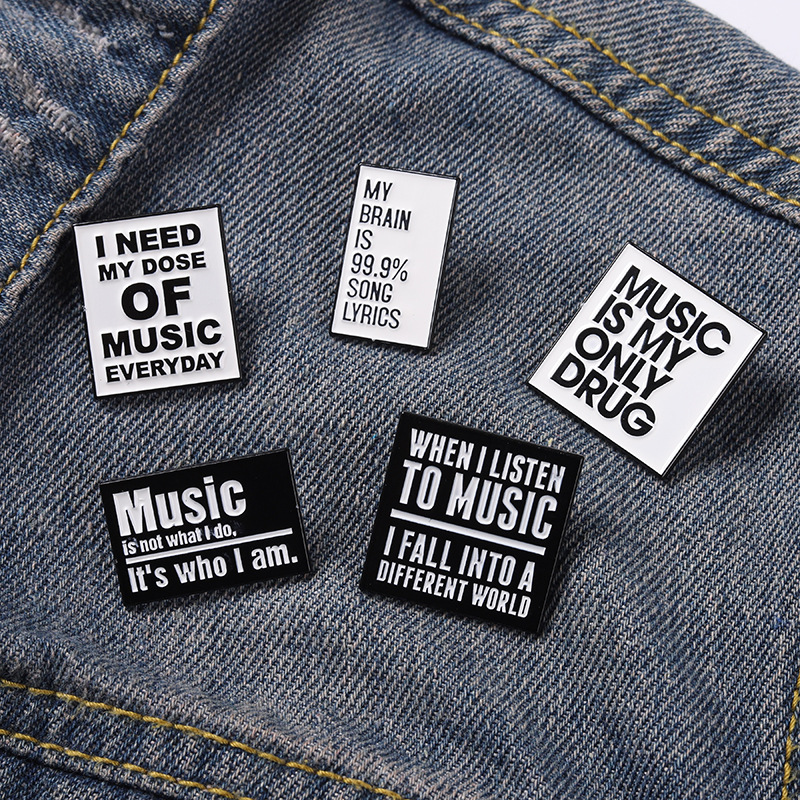 Unisex Black White Letters Brooch Music Lovers Square Enamel Corsage Badges Accessories Bag Hat Cowboy Clothes Alloy Brooches