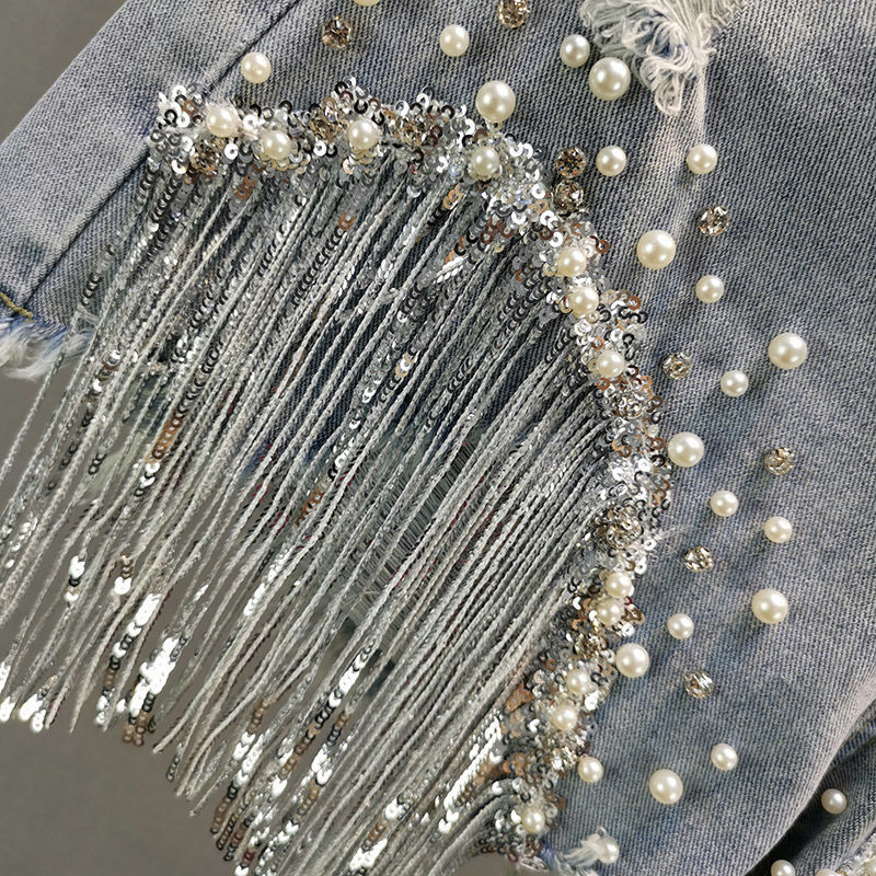 Women Spring Summer Elegant Shorts Lady Tassel Beading High Waist Wide Leg Denim Shorts Female Casual Solid Shorts 220711