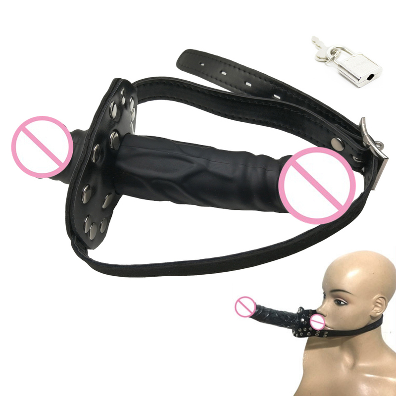 camaTech Silicone Double-Ended Dildos Gag Strap On Open Mouth Dong Plug With Locking Buckles Leather Harness Bondage For Couples 220411