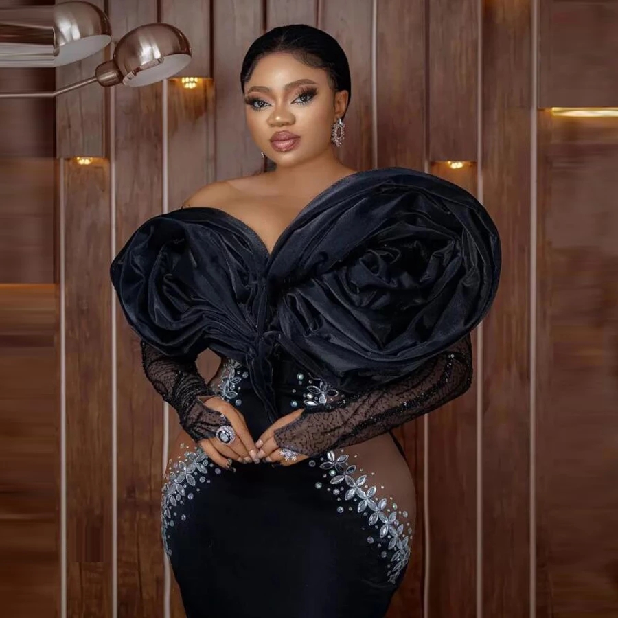 Arabic Aso Ebi Black Mermaid Prom Dresses 2022 Beaded Crystals Sheer Neck Long Sleeves Plus Size Evening Ocn Gowns Robe De Soiree 0431