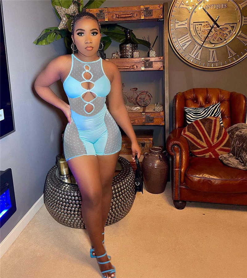 Sexy Mesh Hollow Out halter Jumpsuits Women Summer Ripped Nightclub One Piece Playsuits Clubwear Rompers
