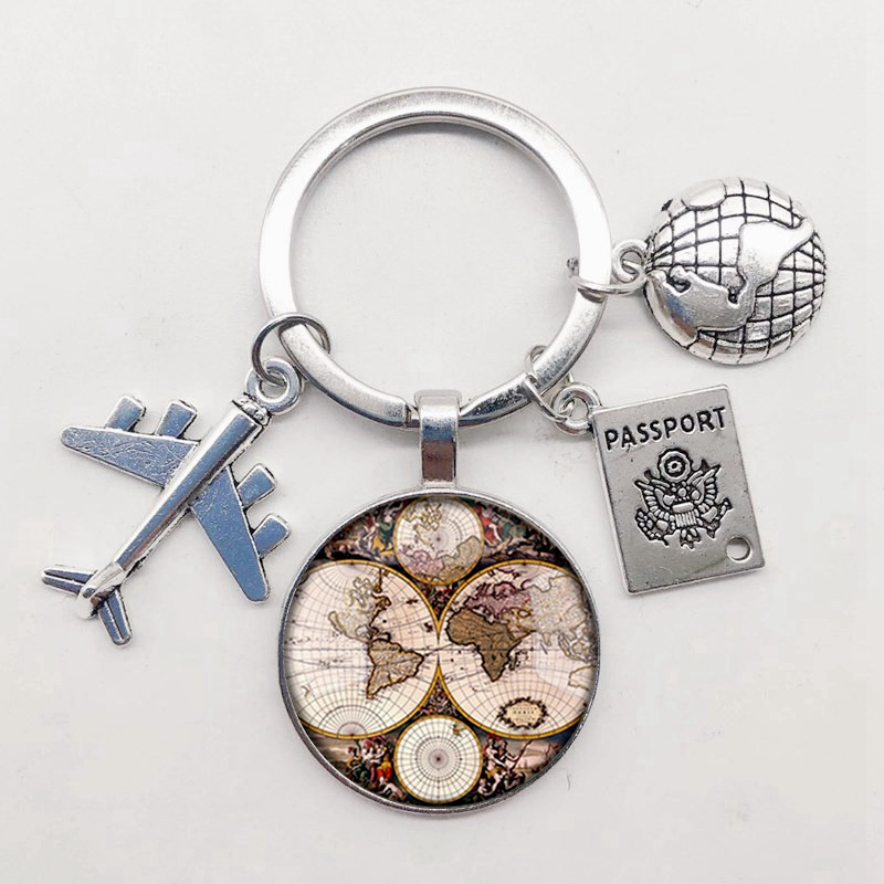 World Map Keychain Travel Exploring Glass Dome Cabachon Aircraft Charm Pendant Men s and Women s Gift Jewelry 220623