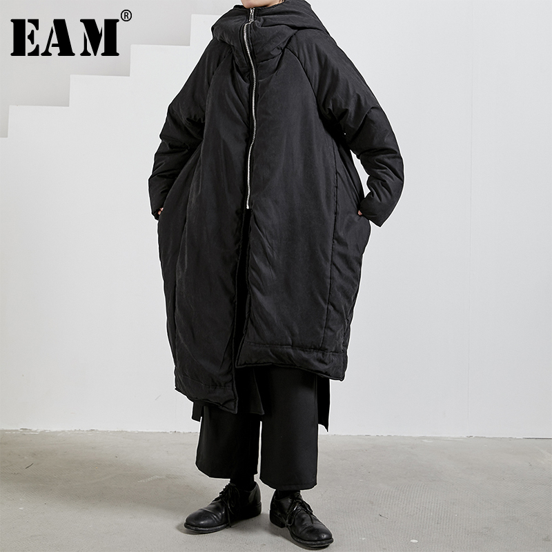 EAM Hooded Black Big Size Thick Cottonpadded Coat Long Sleeve Loose Fit Women Parkas Fashion Spring Autumn 1N323 201027