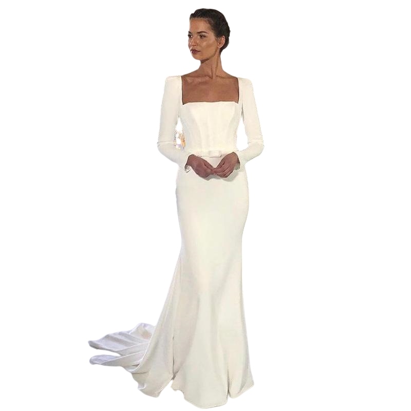Square Neck crepe Mermaid Wedding Dresses Long Sleeve Satin Bridal Dress Sweep Train With Belt Country Bridal Gowns