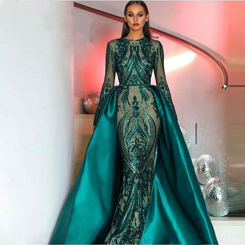 Vintage Dubai Mermaid Evening Dress With Detachable Train Muslim Sequin Prom Dresses Emerald Green 2022 Long Sleeve Formal Party Gowns Abaya Caftan ro