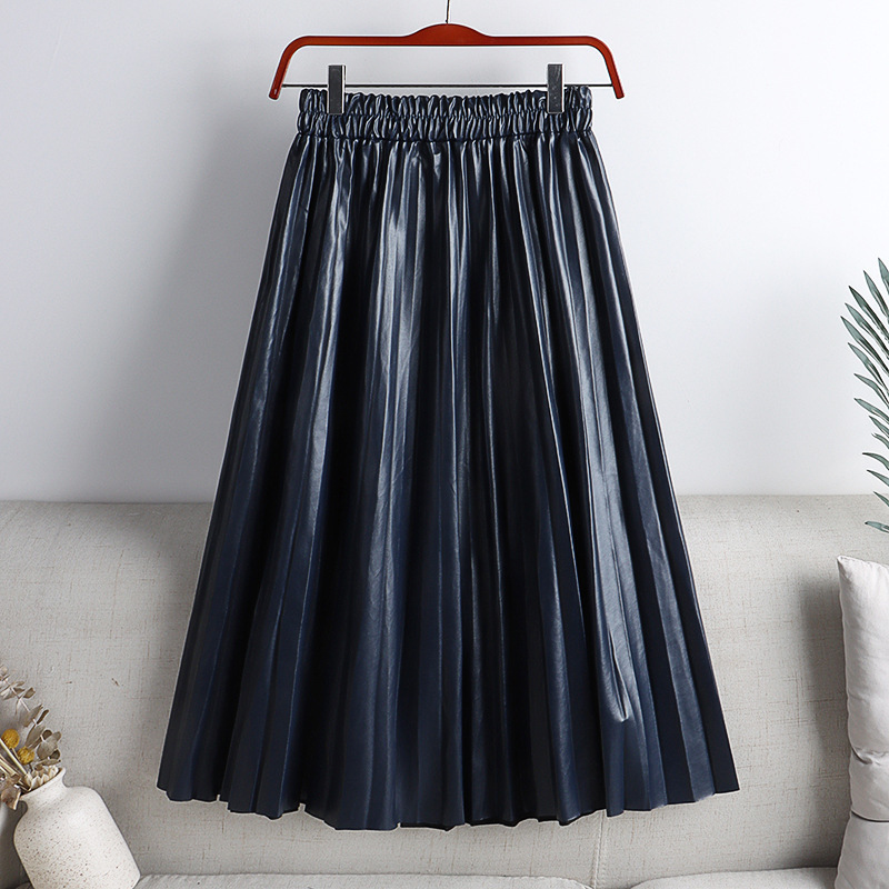 Autumn Winter Women Midi-Calf PU Leather Elastic Waist Pleated Skirts Office Ladies High A-Line Harajuku Skirt DS288 220322