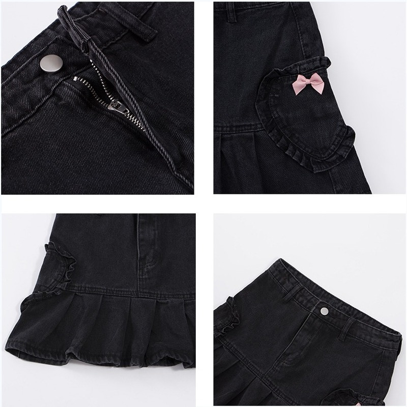 HOUZHOU Pastel Goth Black Denim Skirt Women Harajuku Gothic High Waist Bow Pocket Kawaii Pleated Mini Skirts E Girl Streetwear 220317