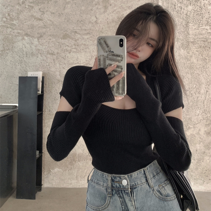 Y2k Knitted T-shirt Women's Fall/winter Square Neckline, Black Tight-fitting Hollow Out Short, Inner Sweater Tops 220321