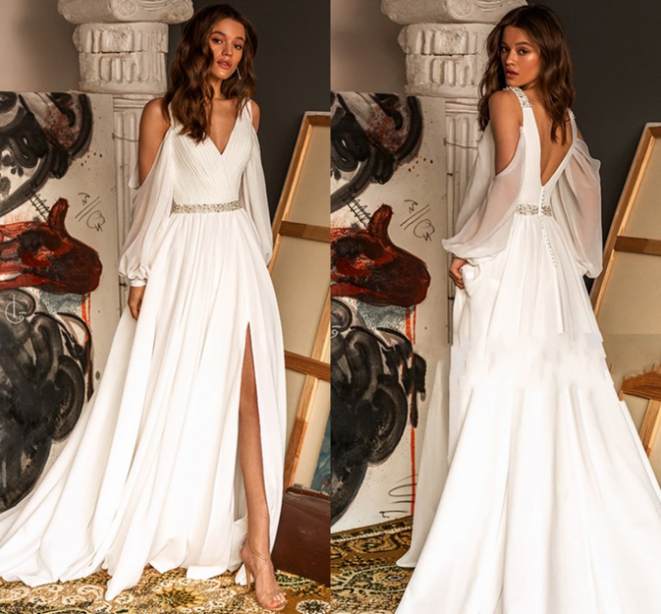 Sexy Cold Shoulder Wedding Dress Chiffon Bead High Split 2022 Puff Sleeve Bridal Gowns Floor Length Custom Made Made Robe Mariage