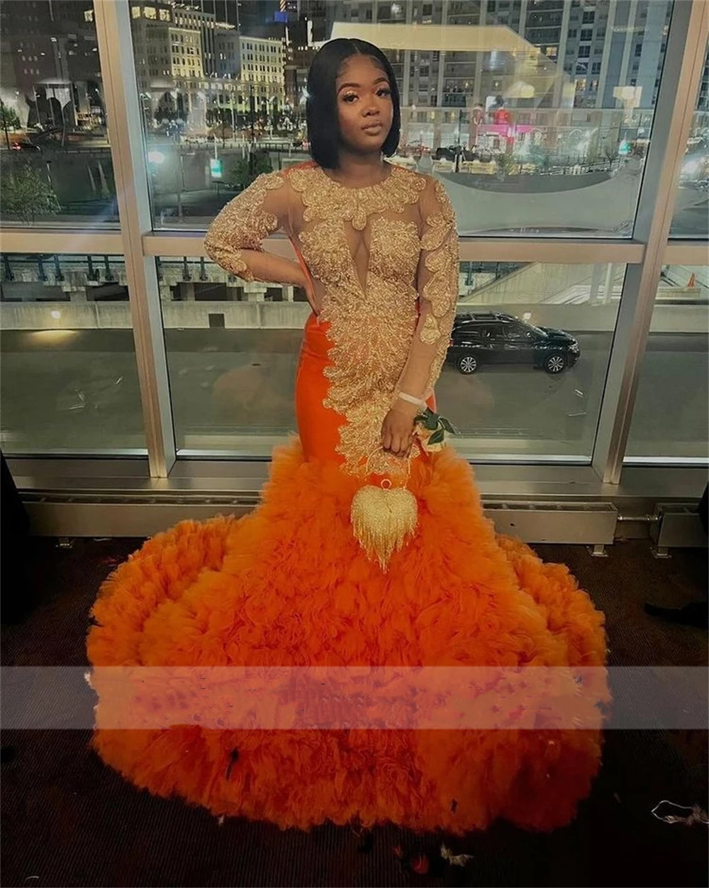 Aso Ebi Style Orange Mermaid African Prom Dresses For Black Girls Golden Beading Rhie Ruffles Party Dress Robe De Bal 6660306