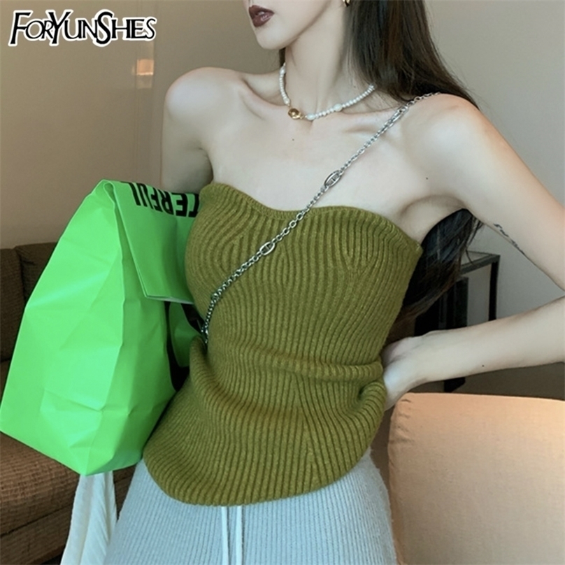 FORYUNSHES Ribbed Sexy Strapless Corset Top Solid Color Knitted Slim Camisole Autumn Korean Fashion Harajuku Y2K Clothes 220325