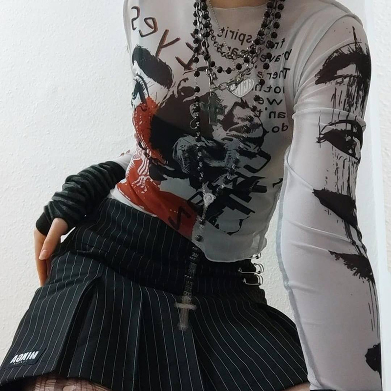 Y2KGIRL Unique Pattern Woman T-shirt Asymmetric Color Long Sleeve Slim Crop Tops Fashion Pullover Mesh See Through Streetwear 220516