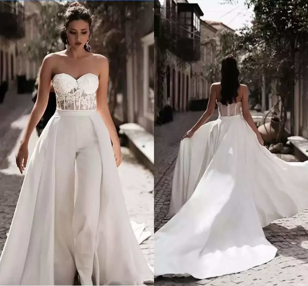 2022 Detachable Train Wedding Dresses Jumpsuits Strapless Lace See Though Top Open Back Court Train Bridal Dress Beach Wedding Gowns Reception, Champagne
2022 Detachable Train Wedding Dresses Jumpsuits Strapless Lace See Though Top Open Back Court Train Bridal Dress Beach Wedding Gowns Reception, Champagne