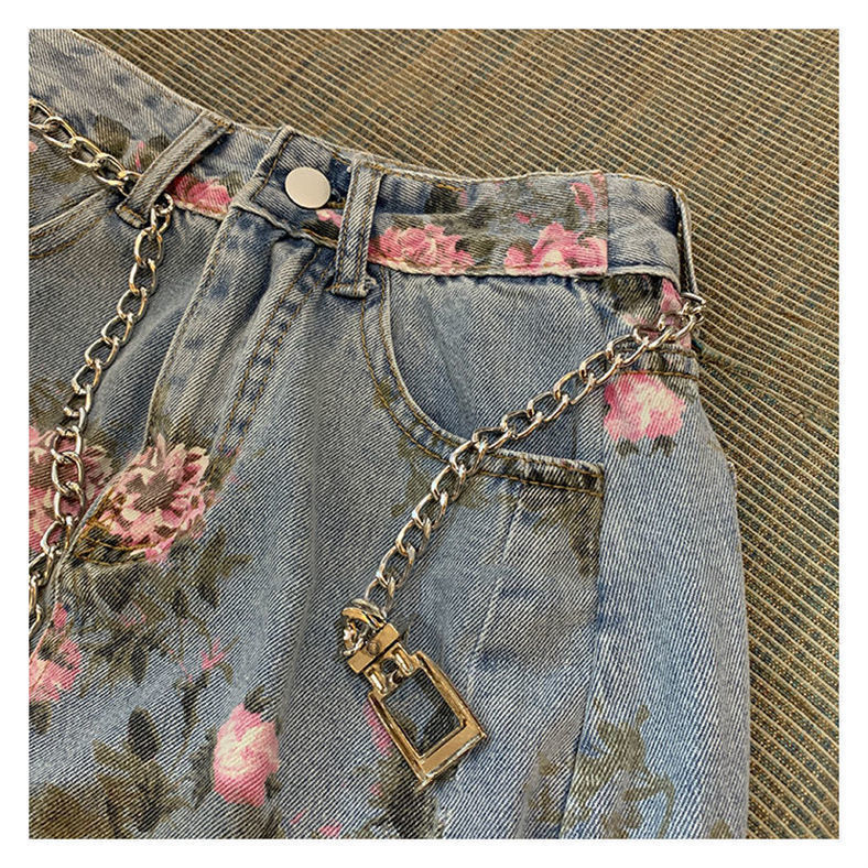 Streetwear Vintage Flowers Print Long Denim Skirts Summer High Waist Slim Sexy Open Split Straight Skirt Jeans Saias Female 220317