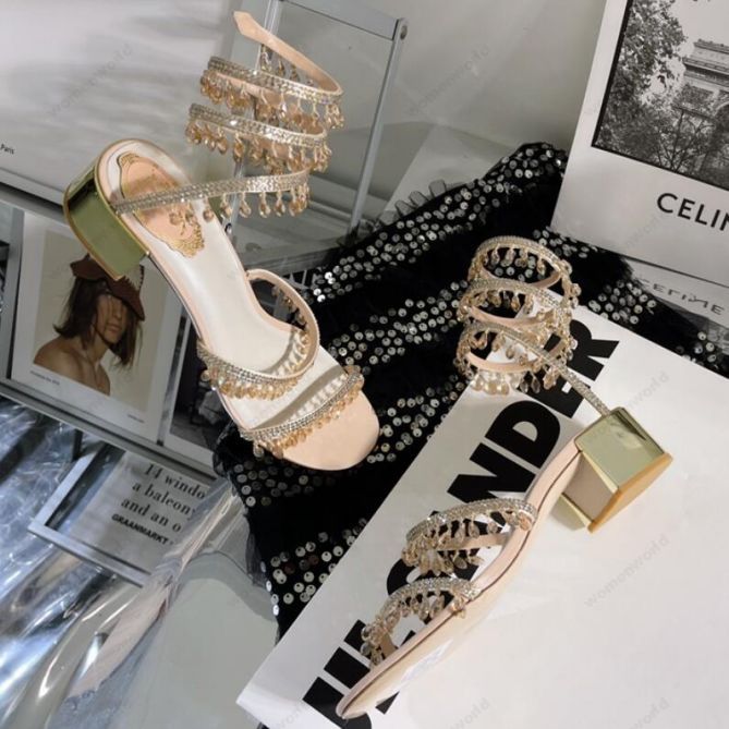 RENE CAOVILLA stiletto High heel Sandals CRYSTAL Karung Snakelike twining rhinestone sandals women Top quality Khaki spiked spiral square toe heels shoes
