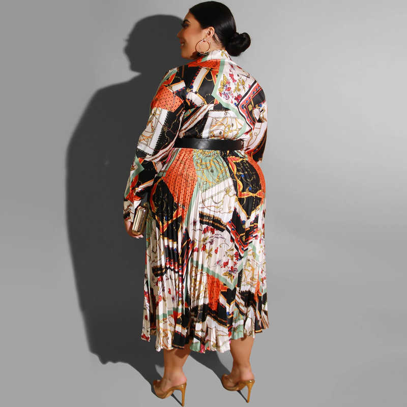 Designer fashion women's plus-size dresses long skirt print pleated color deep V sexy dress with belt large women's dress