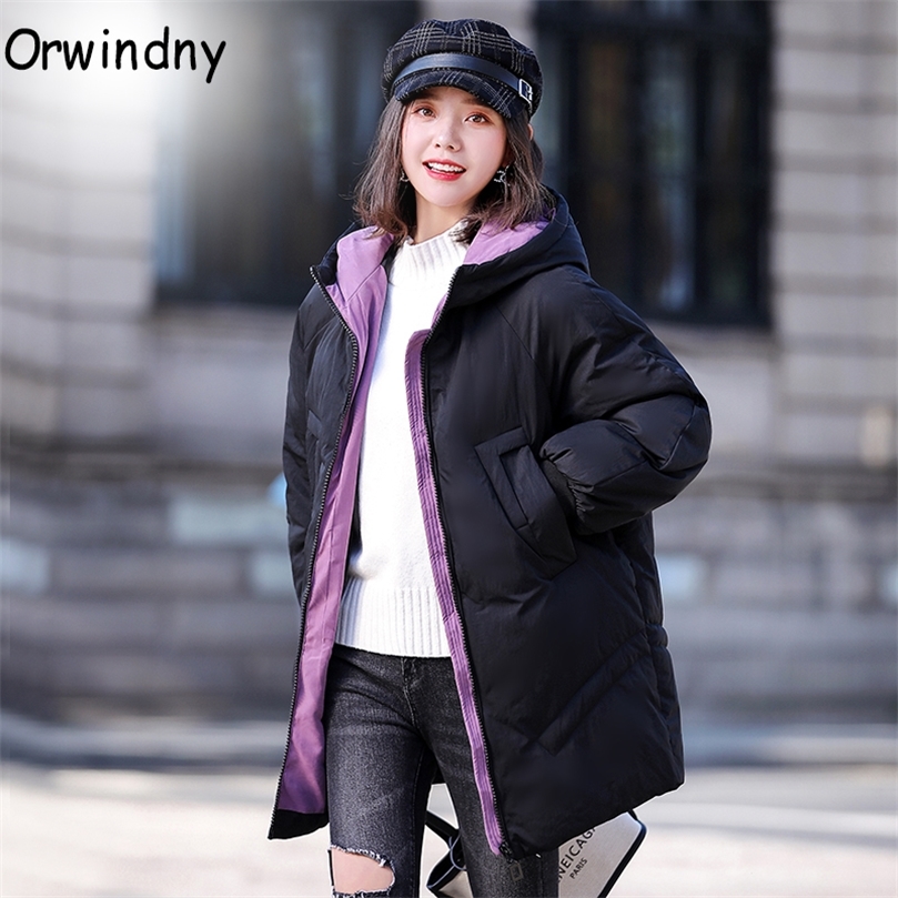 Jacket Winter Women Hooded Parkas Female Jacket Solid Loose Winter Coats Cotton Padded Jackets Wadded Clothing Orwindny 201125