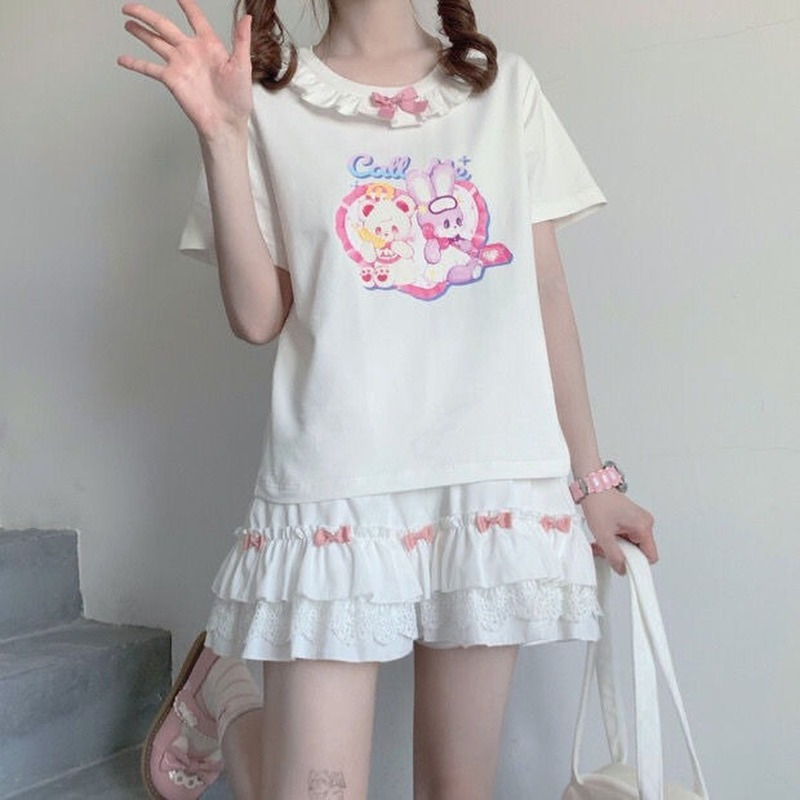 HOUZHOU Kawaii White Mini Skirts Women Harajuku Ruffle Lace Bow Patchwork High Waist Pleated Skirt Japanese Style Soft Girl 220317