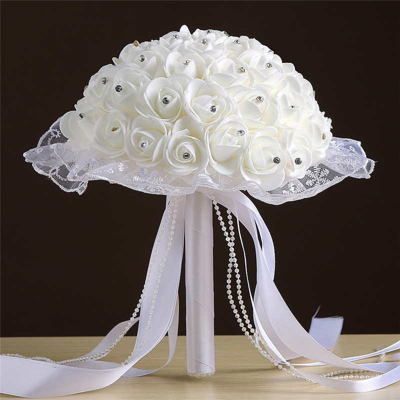 Bridal Wedding Ribbon Beaded Holding Flower Foam Simulation Flower White Rose Bouquet Multicolor
