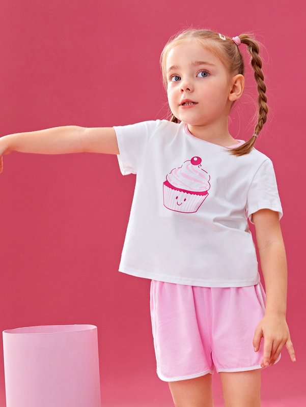 X lyart Toddler Girls Cartoon Graphic Tee & Contrast Binding Shorts SHE