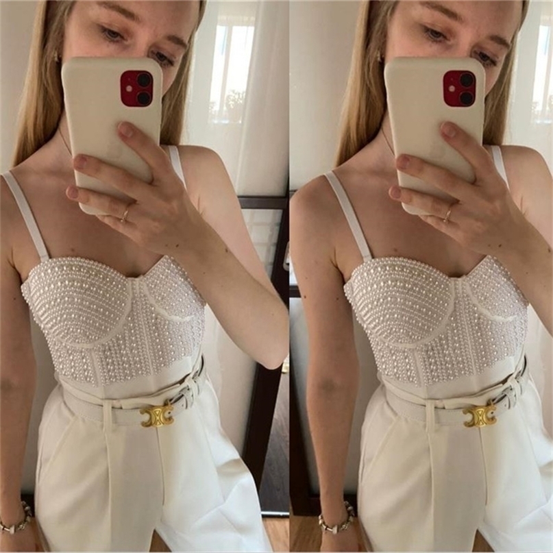 Sexy Pearls Cropped Tops Women Bustier White Tank Rave Festival Club Party Underwear Camis 220325