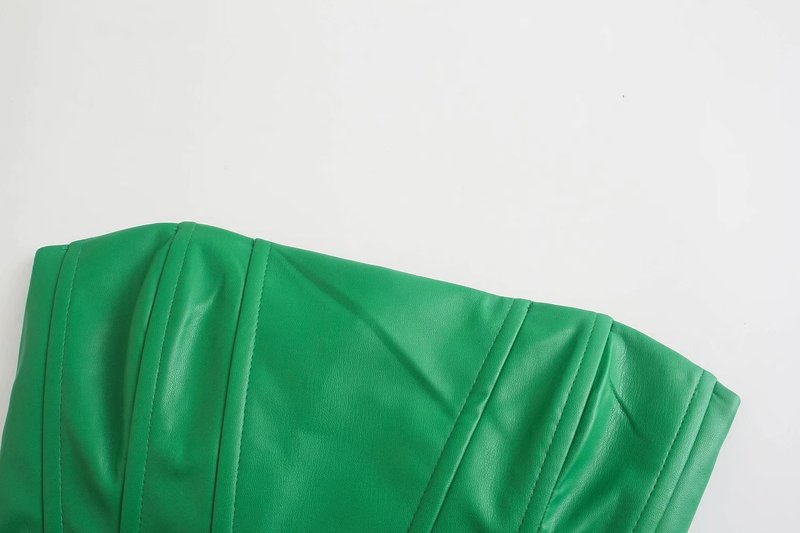 Women Green Faux Leather Bralette Camis Crop Top Strapless Backless Short Shirts Female Casual Solid Tops 220316