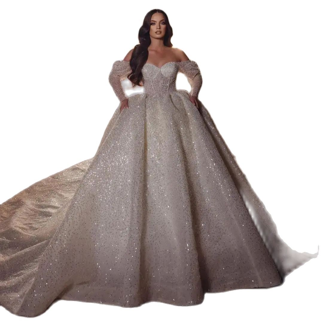 Sparkling Ball Gown Wedding Dresses Off The Shoulder Vestido de Noiva Sequins Long Sleeve Arabic Dubai Bridal Gowns