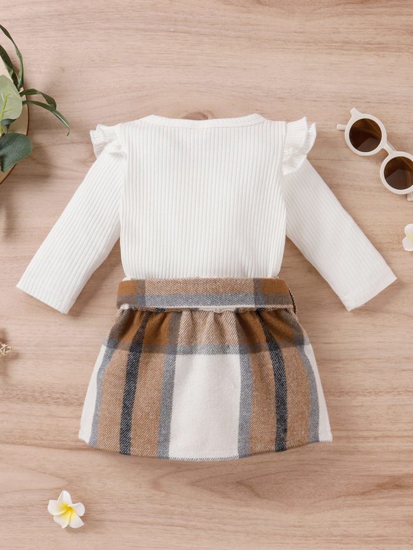 Toddler Girls Ruffle Trim Tee & Plaid Print Belted Skirt SHE