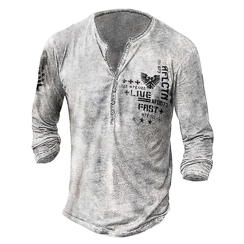 Bababuy Spring Mens Oversized Loose Tops Vintage Long Sleeve Shirts Punk Style 66 Printed V Collar 220714
