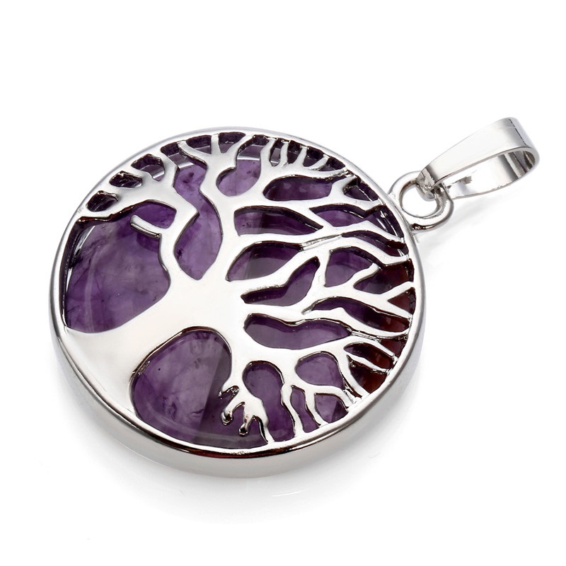 Natural stone Tree of Life Gem Necklace Chakra Reiki Healing Crystals Round Pendant Necklace Jewelry