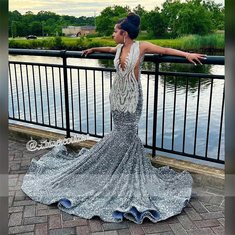 Sexy Glitter Mermaid Prom Dress 2022 For Black Girls Sheer Neck Beading Sequins Aso Ebi Party Gowns Vestidos De Fiesta 0431