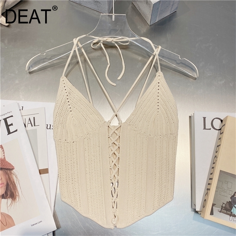 DEAT Women Knitted Bandage V-neck Halter Elasticity Camis Arrivals Sexy Temperament Fashion Spring Summer 11D958 220316