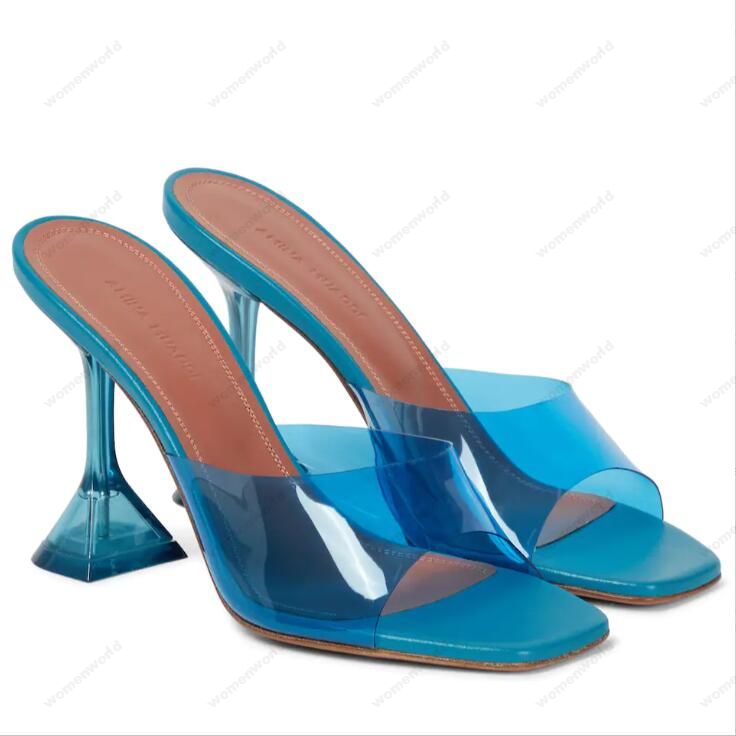 

Luxury Designer Amina Muaddi sandals New clear Begum Glass Pvc Crystal Transparent Slingback Sandal Heel Pumps Naima embellished Blue satin sandals, Only a shoe box