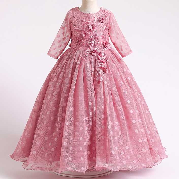 Adorable White Ball Gown Flower Girl Dresses Princess Sheer Long Sleeves Lace Appliques Jewel Neck Toddler Birthday Dot Party Gowns 403 B0313