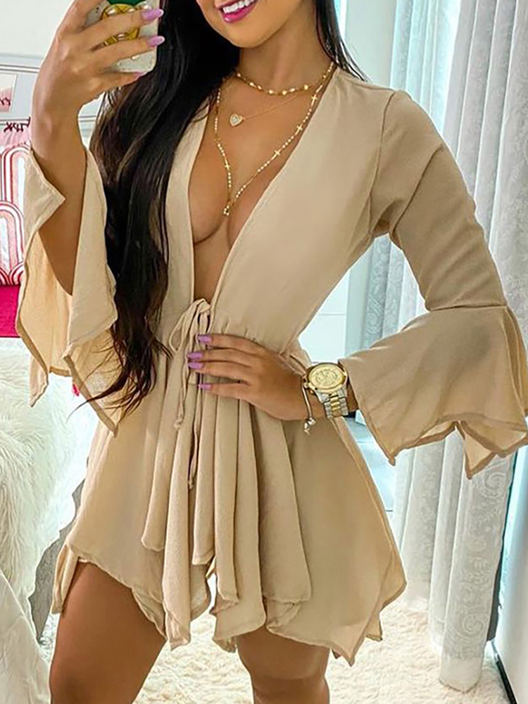 Fashion Women Sexy Casual Twopiece Set Suit Sets Solid Deep V Long Sleeeve Tied Top & Shorts Set 220611