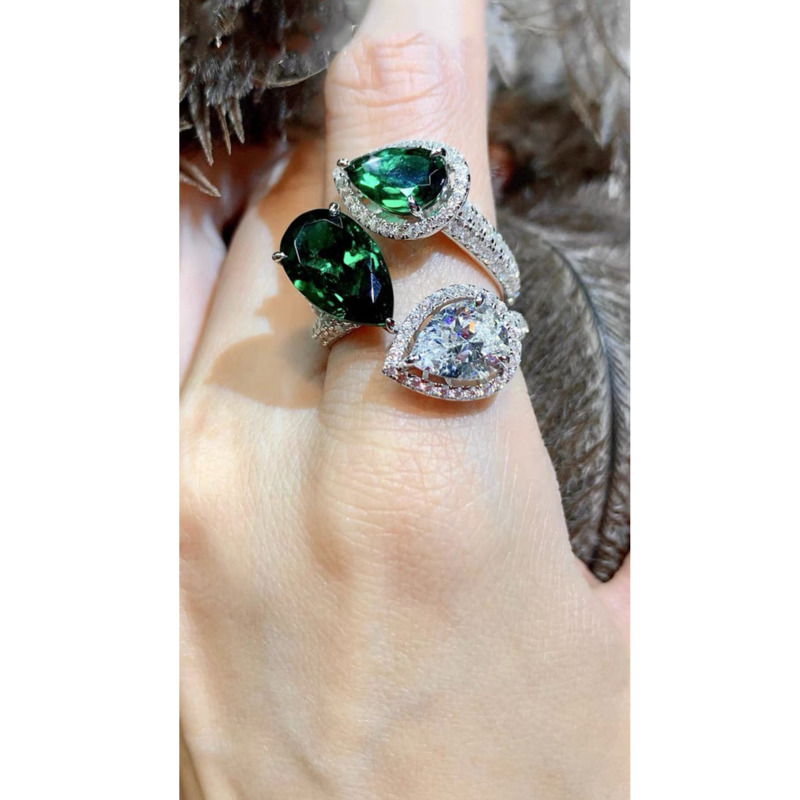 Highend Emerald Malachite Green Zircon Diamond Ring Female Opening Adjustable Light Luxury Cool Style Jewelry Wedding Accessories