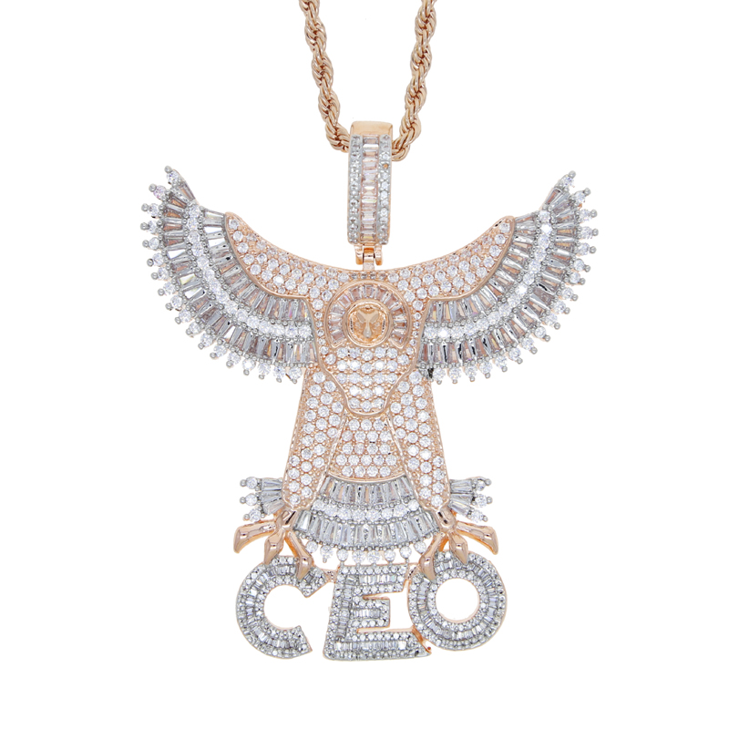 Rose gold silver plated Letter CEO Eagle Pendant Necklace with Rope chain Iced Hip Hop Men Charm Necklaces Jewelry Paved 5A Cubic Zircon Stones For Pa