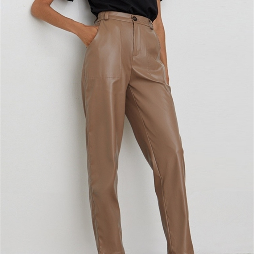 Yiyiyouni Autumn Winter High Waist Fleece PU Leather Pant Casual Faux Trouser Pockets Straight Female 220325
